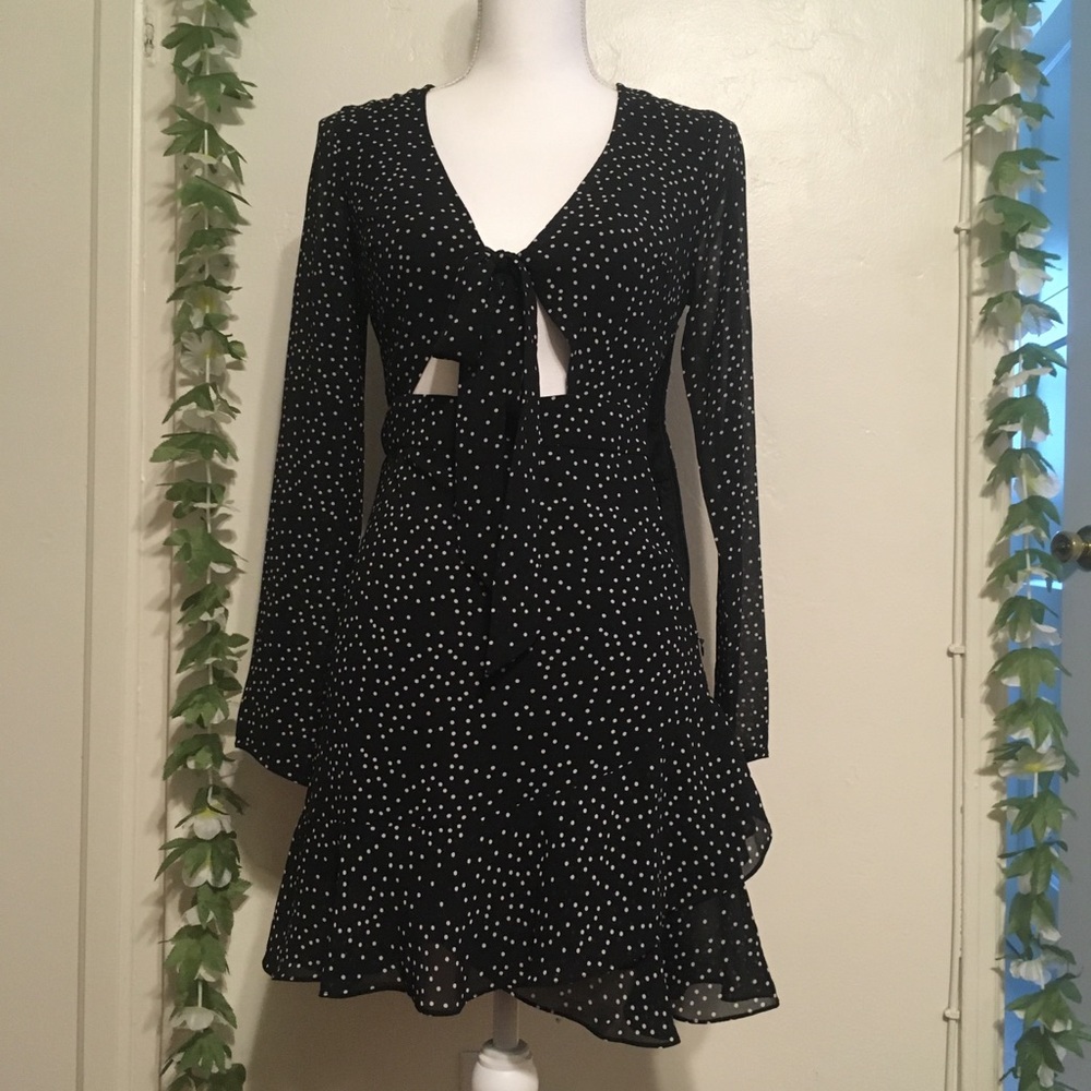 Tie Front Polk Dot Dress Long Sleeve